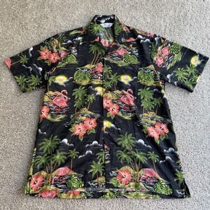 Alvish Shirt Mens Medium Black Flamingo Hawaiian Tropical Short Sleeve Button Up